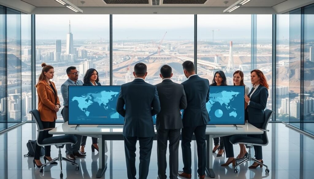 A modern office scene representing the "Unidad de Planeación Minero Energética" (UPME). In the foreground, a diverse group of professionals in business attire are engaged in a collaborative meeting around a sleek conference table. The middle ground features a large digital display showcasing maps and graphs that illustrate energy resources and planning data, symbolizing informed decision-making. The background is filled with large windows that allow natural light to flood the space, revealing a cityscape or mining landscape subtly representing energy sources. The atmosphere is focused and dynamic, with a sense of purpose and collaboration evident in their expressions. The image should be well-lit, emphasizing clarity and professionalism, as if taken with a high-quality lens from a slightly elevated angle to capture the whole scene. A modern office scene representing the "Unidad de Planeación Minero Energética" (UPME). In the foreground, a diverse group of professionals in business attire are engaged in a collaborative meeting around a sleek conference table. The middle ground features a large digital display showcasing maps and graphs that illustrate energy resources and planning data, symbolizing informed decision-making. The background is filled with large windows that allow natural light to flood the space, revealing a cityscape or mining landscape subtly representing energy sources. The atmosphere is focused and dynamic, with a sense of purpose and collaboration evident in their expressions. The image should be well-lit, emphasizing clarity and professionalism, as if taken with a high-quality lens from a slightly elevated angle to capture the whole scene.