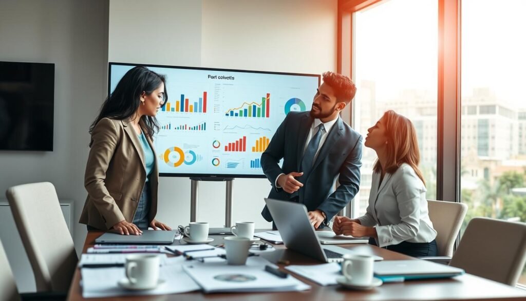A modern office scene showcasing a professional workspace dedicated to public procurement processes in Colombia. In the foreground, a diverse group of three professionals, a Hispanic woman, a Black man, and a Caucasian woman, dressed in smart business attire, are intently analyzing multi-colored charts and graphs displayed on a large screen. In the middle ground, a table is cluttered with documents, laptops, and coffee cups, indicating a busy environment. The background features a window showing a vibrant cityscape, bathed in natural sunlight, creating an optimistic mood. Soft lighting highlights the focus on collaboration and analysis, with a slightly blurred depth of field to emphasize the professionals. The scene captures a dynamic and professional atmosphere that embodies the theme of public procurement in Colombia. A modern office scene showcasing a professional workspace dedicated to public procurement processes in Colombia. In the foreground, a diverse group of three professionals, a Hispanic woman, a Black man, and a Caucasian woman, dressed in smart business attire, are intently analyzing multi-colored charts and graphs displayed on a large screen. In the middle ground, a table is cluttered with documents, laptops, and coffee cups, indicating a busy environment. The background features a window showing a vibrant cityscape, bathed in natural sunlight, creating an optimistic mood. Soft lighting highlights the focus on collaboration and analysis, with a slightly blurred depth of field to emphasize the professionals. The scene captures a dynamic and professional atmosphere that embodies the theme of public procurement in Colombia.