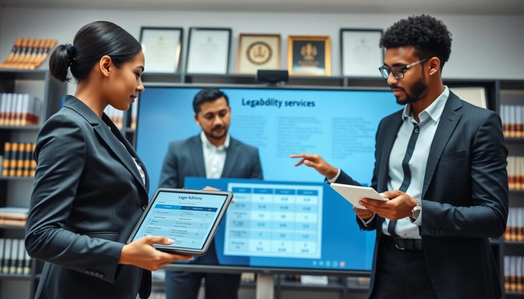 A modern office scene showcasing a virtual meeting on a large screen, where a diverse group of three professionals in business attire are discussing legal advisory services. In the foreground, a smartly dressed woman in a tailored suit points at a detailed comparison chart displayed on a tablet. In the middle, a man in a crisp suit takes notes while another individual, in a blazer, gestures towards the screen, highlighting key features of various legal providers. The background features blurred shelves filled with law books and framed certifications, suggesting a professional environment. The lighting is bright and focused, enhancing the clarity of the meeting while creating an atmosphere of collaboration and decisiveness. The angle is slightly elevated, capturing the intensity of their discussion without distractions.