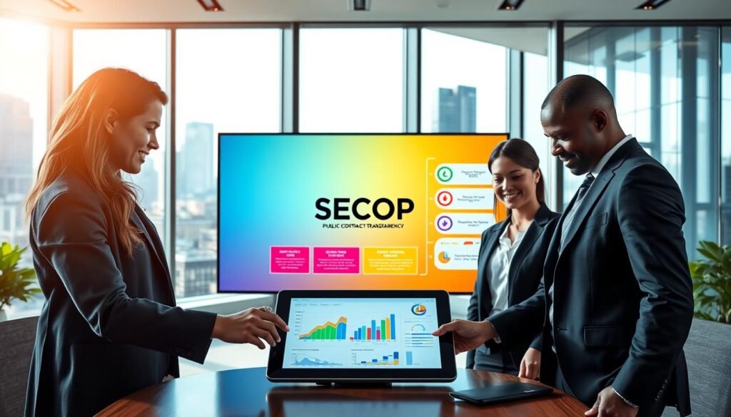 A modern office setting demonstrating the concept of public contract transparency through the SECOP system. Foreground features a diverse group of four professionals in business attire collaborating around a digital tablet showcasing colorful graphs and data related to procurement processes. Middle ground includes a large screen displaying the SECOP logo prominently with flow charts explaining its functions. The background shows a bright office with large windows overlooking a cityscape, filled with natural light creating an uplifting and engaging atmosphere. The mood is focused and collaborative, reflecting innovation and clarity. Use vibrant colors and soft shadows to enhance the professional setting, photographed at a slight angle for depth.