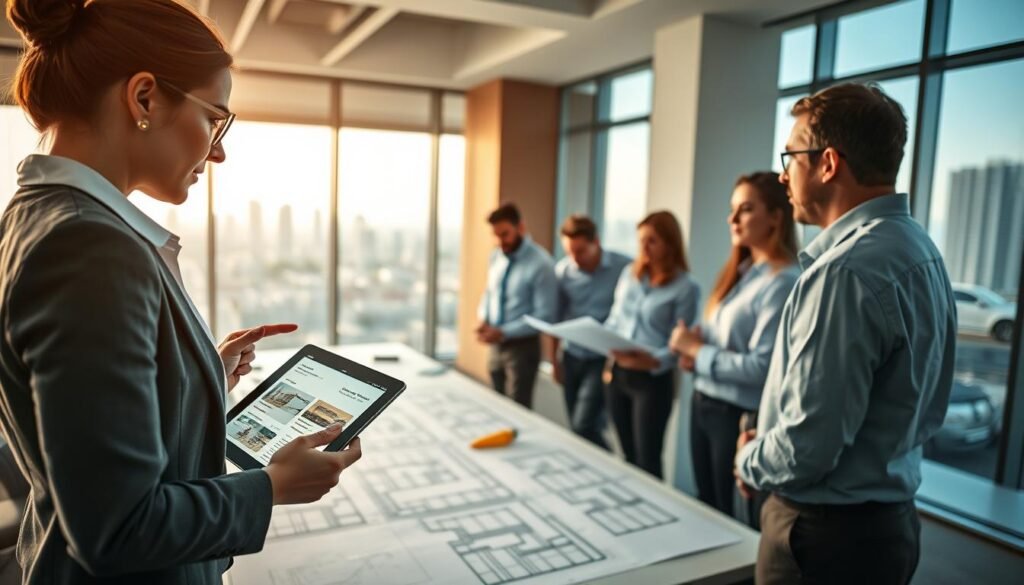 A modern office setting depicting a diverse group of professionals engaged in a serious discussion over construction bid opportunities in Colombia. In the foreground, a focused female architect, dressed in professional business attire, examines a digital tablet displaying construction project listings. The middle ground features a large conference table with blueprints and documents spread out, surrounded by representatives of different construction companies, all in smart casual clothing, collaborating and exchanging ideas. The background shows a large window revealing a city skyline, with soft natural light illuminating the room, creating a vibrant and productive atmosphere. The focus should be sharp, with a wide-angle view to capture the dynamic interaction among the professionals, emphasizing a sense of collaboration and opportunity in the construction sector. A modern office setting depicting a diverse group of professionals engaged in a serious discussion over construction bid opportunities in Colombia. In the foreground, a focused female architect, dressed in professional business attire, examines a digital tablet displaying construction project listings. The middle ground features a large conference table with blueprints and documents spread out, surrounded by representatives of different construction companies, all in smart casual clothing, collaborating and exchanging ideas. The background shows a large window revealing a city skyline, with soft natural light illuminating the room, creating a vibrant and productive atmosphere. The focus should be sharp, with a wide-angle view to capture the dynamic interaction among the professionals, emphasizing a sense of collaboration and opportunity in the construction sector.