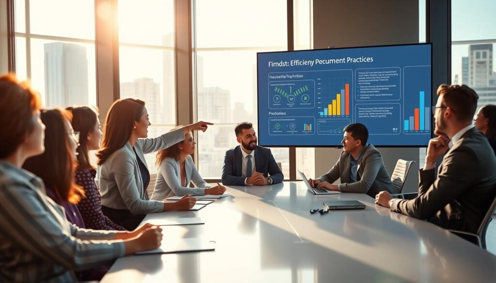 A modern office setting depicting a team of diverse professionals engaged in a strategic meeting about efficient procurement practices. In the foreground, a professional woman in business attire is pointing at a digital presentation on a large screen, illustrating graphs and data on cost efficiency and procurement challenges. The middle ground features colleagues seated around a sleek conference table, taking notes and discussing passionately. In the background, large windows allow natural light to pour in, reflecting a cityscape, symbolizing growth and opportunity. The overall atmosphere is dynamic and focused, conveying a sense of urgency and collaboration in addressing structural issues in procurement. The lighting is bright and inviting, enhancing the professional ambiance.