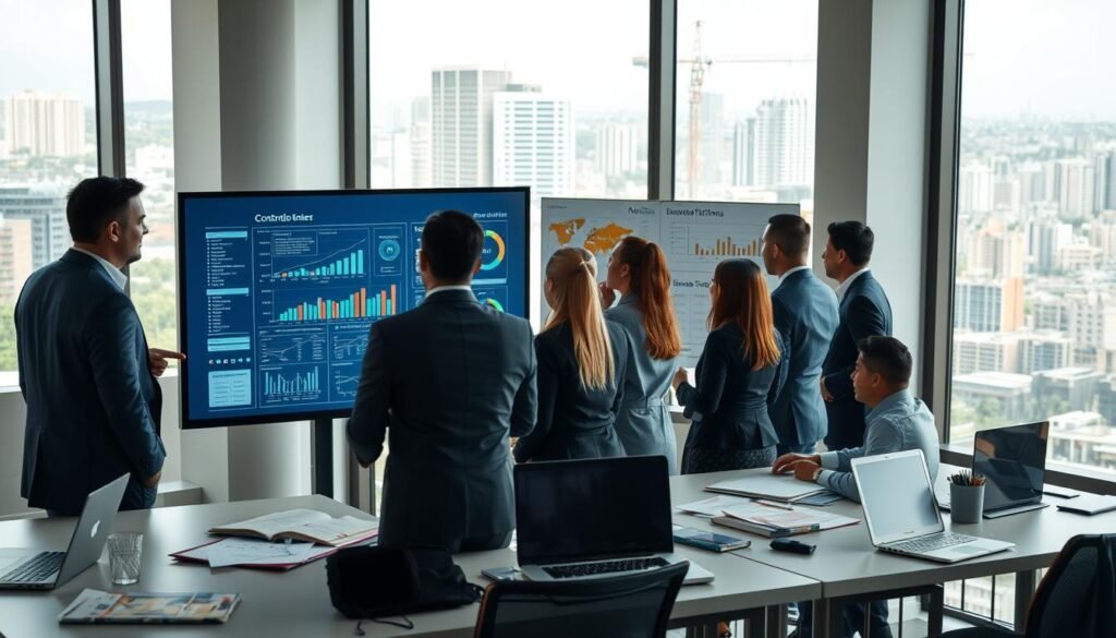 A modern office setting featuring a professional team actively monitoring public construction tenders in Colombia. In the foreground, a diverse group of business professionals, dressed in formal attire, is gathered around a large digital screen, analyzing data and charts. The middle ground includes desks with laptops, documents, and a bulletin board filled with graphs and construction plans. In the background, large windows let in natural light, revealing a bustling cityscape that symbolizes growth and opportunity. The atmosphere is focused and dynamic, conveying a sense of urgency and collaboration. The lighting is bright and professional, highlighting the team's engagement and the digital technology in use, captured from a slightly elevated angle to provide a comprehensive view of the scene. A modern office setting featuring a professional team actively monitoring public construction tenders in Colombia. In the foreground, a diverse group of business professionals, dressed in formal attire, is gathered around a large digital screen, analyzing data and charts. The middle ground includes desks with laptops, documents, and a bulletin board filled with graphs and construction plans. In the background, large windows let in natural light, revealing a bustling cityscape that symbolizes growth and opportunity. The atmosphere is focused and dynamic, conveying a sense of urgency and collaboration. The lighting is bright and professional, highlighting the team's engagement and the digital technology in use, captured from a slightly elevated angle to provide a comprehensive view of the scene.