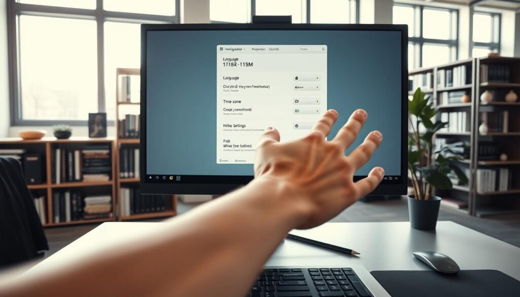 A modern office setting featuring a sleek computer desk with a high-end monitor displaying a detailed interface for setting language and time zone configurations. In the foreground, a hand reaches out towards the screen, emphasizing the action of adjusting settings. In the middle ground, shelves lined with books about technology and government processes are visible, creating an educational atmosphere. The background shows large windows with natural light streaming in, adding warmth to the scene. The overall mood is focused and professional, suitable for a working environment. Soft lighting enhances the clarity of the screen content. The composition is framed from a slightly low angle, providing a sense of depth and engagement with the task at hand. A modern office setting featuring a sleek computer desk with a high-end monitor displaying a detailed interface for setting language and time zone configurations. In the foreground, a hand reaches out towards the screen, emphasizing the action of adjusting settings. In the middle ground, shelves lined with books about technology and government processes are visible, creating an educational atmosphere. The background shows large windows with natural light streaming in, adding warmth to the scene. The overall mood is focused and professional, suitable for a working environment. Soft lighting enhances the clarity of the screen content. The composition is framed from a slightly low angle, providing a sense of depth and engagement with the task at hand.