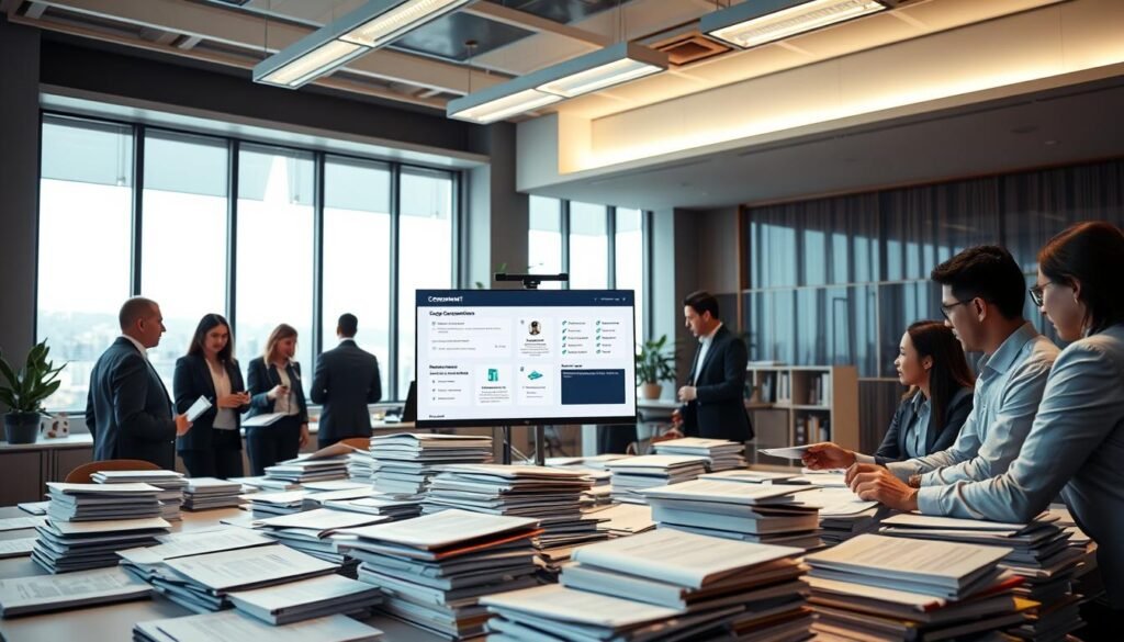 A modern office setting filled with neatly organized documents and folders, showcasing a professional environment. In the foreground, a diverse group of professionals dressed in business attire collaborates around a large conference table, examining stacks of proposals and checklists. In the middle ground, a computer screen displays an innovative document management system interface, highlighting features aimed at minimizing errors. In the background, large windows let in natural light, illuminating the room and emphasizing a sense of clarity and order. The atmosphere conveys focus and efficiency, with a slight hint of urgency as the team works diligently to perfect their submissions. Soft overhead lighting enhances the professional feel, providing a warm yet sharp ambiance.