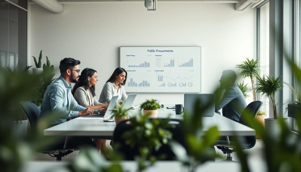 A modern office setting filled with professionals engaged in public procurement activities. In the foreground, a group of three diverse businesspeople in professional attire are gathered around a sleek conference table, reviewing documents and analyzing data on laptops. The middle ground features a large whiteboard displaying charts and graphs related to public contracts, surrounded by office plants for a touch of greenery. In the background, large windows let in soft, natural light that illuminates the space, creating an inviting and collaborative atmosphere. The mood is focused yet optimistic, reflecting a proactive approach to public purchasing strategies in Colombia. The scene is composed with a shallow depth of field, making the foreground interaction the focal point, while the background softly blurs to emphasize the subjects.