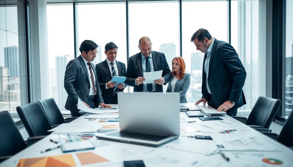 A modern office setting focused on the "licitación proceso" or bidding process. In the foreground, a diverse group of three professionals—two men and one woman—are engaged in a discussion while examining documents and a laptop, all dressed in sharp business attire. The middle ground features a large conference table cluttered with papers, charts, and a sleek laptop displaying a digital bidding platform. The background shows a large window with a cityscape view, allowing natural light to illuminate the room and create a sense of openness. The atmosphere is collaborative and focused, suggesting determination and strategic planning in a corporate environment. Bright, professional lighting enhances the overall clarity and seriousness of the scene.