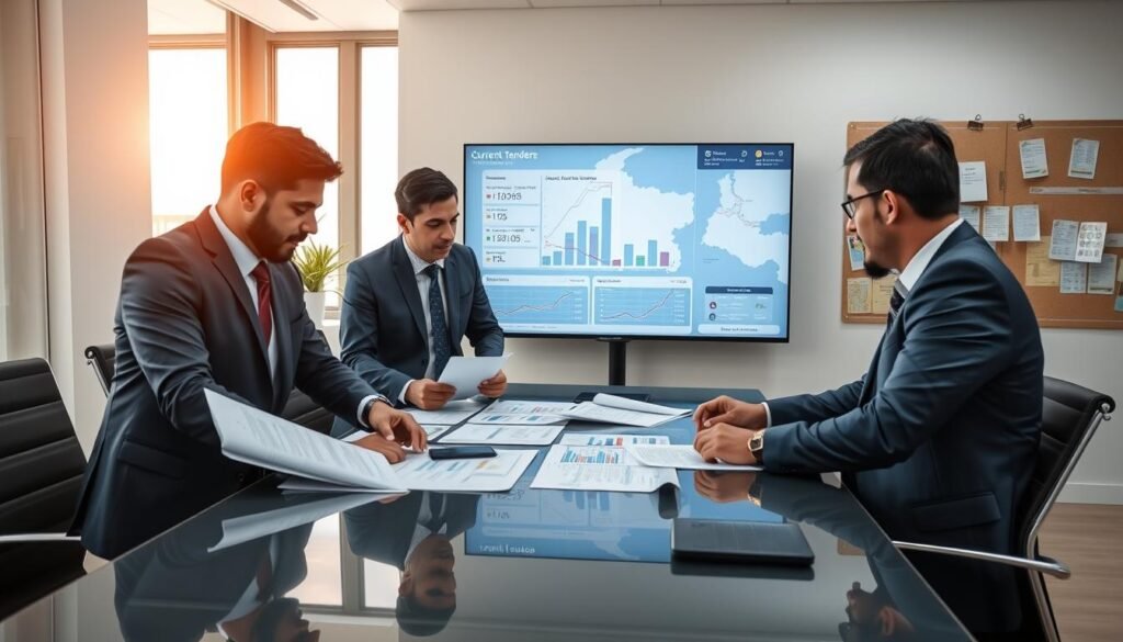 A modern office setting focused on the theme of current bidding processes in Colombia. In the foreground, a diverse group of three professionals—two men and one woman—are analyzing documents and charts on a sleek conference table, dressed in smart business attire. The middle ground features a large digital screen displaying graphs and flowcharts related to tenders, showing real-time data comparison among various bids. The background shows a wall with a map of Colombia and a bulletin board filled with pinned notifications about ongoing projects. The lighting is bright and professional, simulating soft sunlight through large windows. The atmosphere conveys focus, collaboration, and professionalism, perfect for illustrating strategic decision-making in the context of current public tenders.