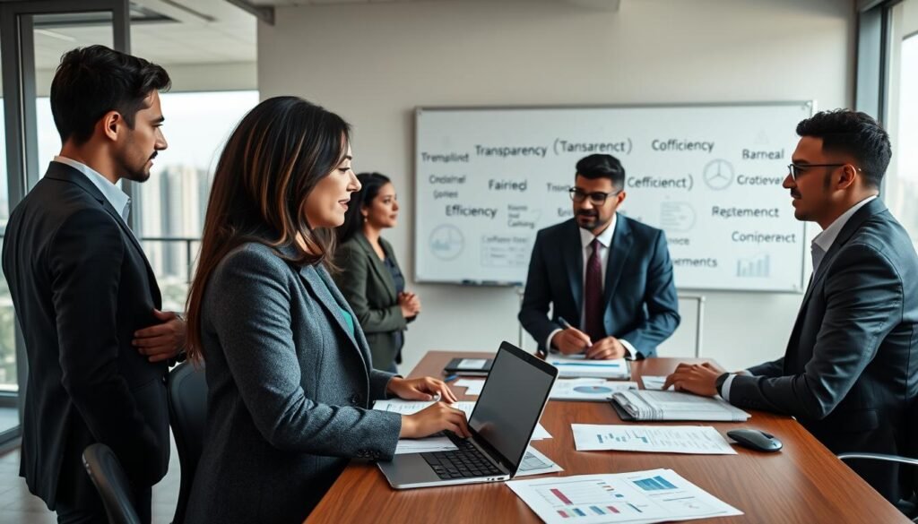 A modern office setting illustrating the principles of public procurement in Colombia. In the foreground, a diverse group of professionals in business attire, including a Colombian woman wearing a smart blazer and a man in a crisp suit, engaged in a discussion over a table filled with documents, charts, and a laptop displaying graphs. The middle ground includes a large window showing a cityscape, allowing natural light to illuminate the room, enhancing a collaborative atmosphere. In the background, a whiteboard filled with key concepts like transparency, fairness, and efficiency is visible. The mood is focused and professional, reflecting a commitment to ethical public contracting practices. The camera angle is slightly elevated, capturing both the group and the background elements effectively. A modern office setting illustrating the principles of public procurement in Colombia. In the foreground, a diverse group of professionals in business attire, including a Colombian woman wearing a smart blazer and a man in a crisp suit, engaged in a discussion over a table filled with documents, charts, and a laptop displaying graphs. The middle ground includes a large window showing a cityscape, allowing natural light to illuminate the room, enhancing a collaborative atmosphere. In the background, a whiteboard filled with key concepts like transparency, fairness, and efficiency is visible. The mood is focused and professional, reflecting a commitment to ethical public contracting practices. The camera angle is slightly elevated, capturing both the group and the background elements effectively.