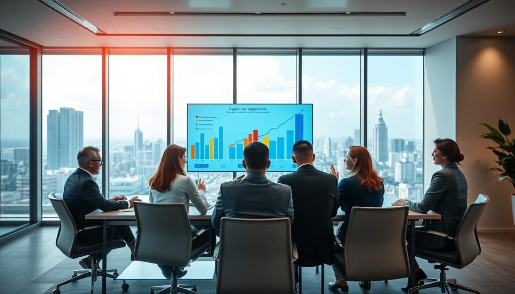 A modern office setting reflecting financial development in Colombia, featuring a sleek conference room with a large table and chairs. In the foreground, a diverse group of professionals in formal business attire, engaging in a discussion about project opportunities. The middle layer includes a digital screen displaying graphs and charts representing development projects and financial data. The background showcases large windows with a view of a vibrant cityscape, symbolizing growth and opportunity. Soft, natural lighting filters through, adding an uplifting atmosphere. The scene conveys collaboration, professionalism, and a focus on innovation in financial development.