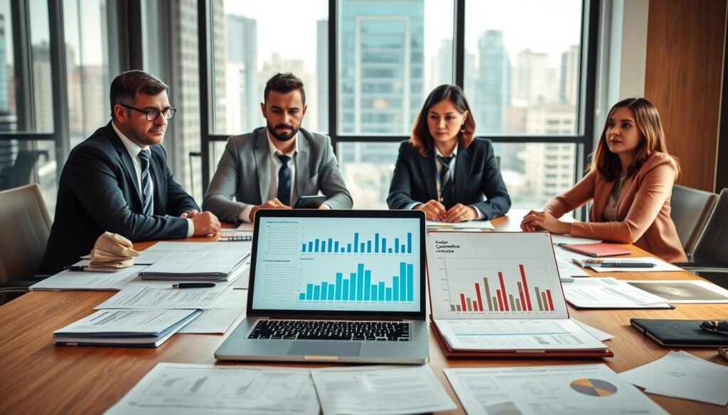 A modern office setting showcasing a diverse group of three professionals—two men and one woman—engaged in discussion around a large conference table. The table is cluttered with legal documents, charts, and a laptop open with graphs displayed, illustrating a "contratación sistema." The background features a large window with cityscape views, allowing natural light to illuminate the scene. The professionals are depicted in smart business attire, reflecting a focused atmosphere. The foreground captures their expressions of concentration and collaboration, while the middle ground emphasizes the documents and digital displays. The overall mood is serious yet energized, signifying a strategic discussion on legal frameworks and review criteria. The image should have a balanced composition with a slightly elevated angle to give depth.