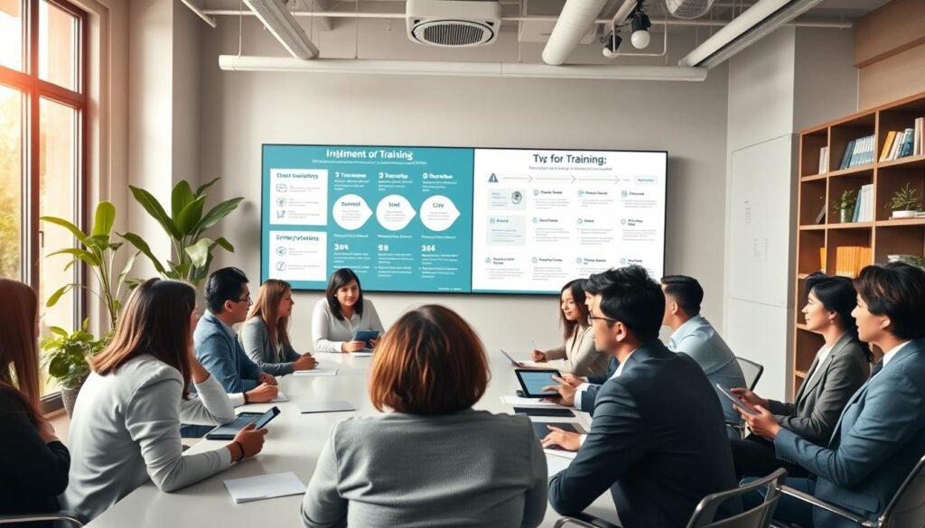 A modern office setting showcasing the implementation of a training program in Colombia. In the foreground, a diverse group of professionals in business attire are engaged in a collaborative discussion around a large conference table. Some individuals are taking notes, while others present ideas on digital tablets. In the middle ground, a large wall screen displays an infographic outlining the step-by-step process of implementing a training program. The background features large windows with natural light pouring in, plants for a touch of greenery, and shelves filled with training materials. The atmosphere conveys a sense of teamwork and enthusiasm for professional development, with soft, warm lighting to create an inviting and motivational mood. The viewpoint is slightly elevated, capturing the dynamics of the meeting and the professional environment.