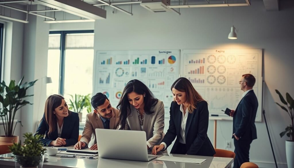 A modern office setting showcasing various advertising services. In the foreground, a diverse group of professionals in smart business attire collaborates over a laptop, analyzing data charts and discussing strategies. The middle ground features a large interactive whiteboard filled with colorful visual concepts, marketing strategies, and notes. In the background, a sleek, contemporary office with large windows letting in natural light, plants for a touch of greenery, and subtle decor emphasizing creativity and innovation. The lighting is bright yet warm, creating an inviting atmosphere. The scene conveys collaboration, professionalism, and a proactive approach to winning advertising bids. A modern office setting showcasing various advertising services. In the foreground, a diverse group of professionals in smart business attire collaborates over a laptop, analyzing data charts and discussing strategies. The middle ground features a large interactive whiteboard filled with colorful visual concepts, marketing strategies, and notes. In the background, a sleek, contemporary office with large windows letting in natural light, plants for a touch of greenery, and subtle decor emphasizing creativity and innovation. The lighting is bright yet warm, creating an inviting atmosphere. The scene conveys collaboration, professionalism, and a proactive approach to winning advertising bids.