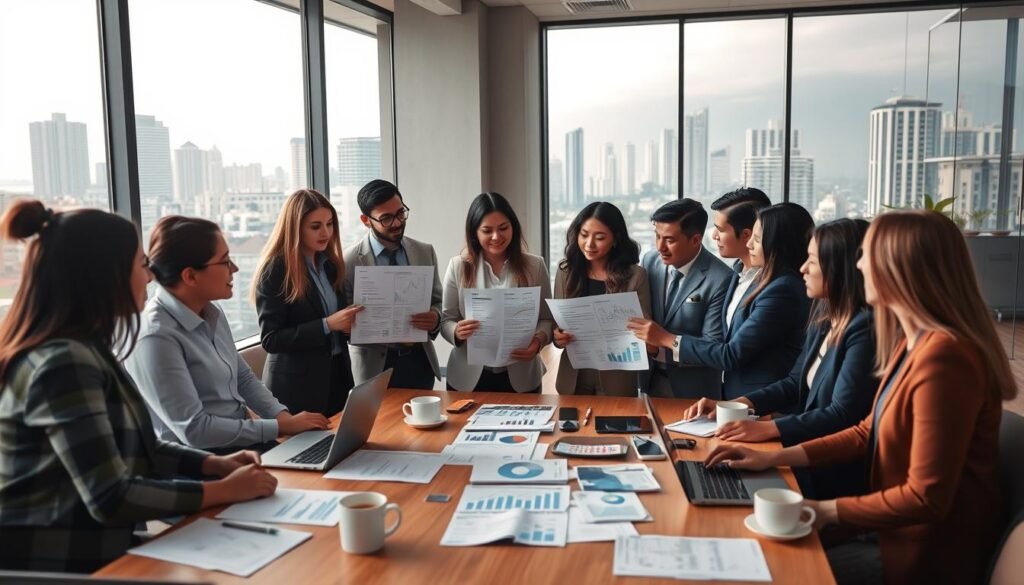 A modern office setting showcasing various professionals collaborating on financial support options for small enterprises in Colombia. In the foreground, a diverse group of individuals, dressed in professional business attire, is engaged in a discussion, presenting documents and charts that illustrate funding strategies. In the middle ground, a large table is covered with financial reports, laptops, and coffee cups, highlighting an atmosphere of teamwork and innovation. The background features large windows showcasing a Colombian city skyline, with soft natural light filtering in, creating an inviting and optimistic mood. The scene captures a sense of empowerment and opportunity, emphasizing the importance of financial support for local businesses. A modern office setting showcasing various professionals collaborating on financial support options for small enterprises in Colombia. In the foreground, a diverse group of individuals, dressed in professional business attire, is engaged in a discussion, presenting documents and charts that illustrate funding strategies. In the middle ground, a large table is covered with financial reports, laptops, and coffee cups, highlighting an atmosphere of teamwork and innovation. The background features large windows showcasing a Colombian city skyline, with soft natural light filtering in, creating an inviting and optimistic mood. The scene captures a sense of empowerment and opportunity, emphasizing the importance of financial support for local businesses.