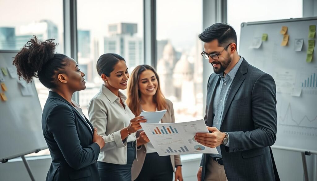 A modern office setting that embodies the concept of "public procurement advantages." In the foreground, a diverse group of three professionals—two women and one man—are engaged in a discussion while reviewing documents and a digital tablet displaying graphs and project plans. They are dressed in business attire, projecting a sense of professionalism and collaboration. In the middle ground, a large window reveals a bustling cityscape with government buildings, symbolizing transparency and public service. The background features a whiteboard adorned with charts and sticky notes, showcasing strategic planning. The lighting is bright and natural, coming from the window, creating an optimistic and productive atmosphere, with a slight lens blur on the background to emphasize the focused discussion among the peers. A modern office setting that embodies the concept of "public procurement advantages." In the foreground, a diverse group of three professionals—two women and one man—are engaged in a discussion while reviewing documents and a digital tablet displaying graphs and project plans. They are dressed in business attire, projecting a sense of professionalism and collaboration. In the middle ground, a large window reveals a bustling cityscape with government buildings, symbolizing transparency and public service. The background features a whiteboard adorned with charts and sticky notes, showcasing strategic planning. The lighting is bright and natural, coming from the window, creating an optimistic and productive atmosphere, with a slight lens blur on the background to emphasize the focused discussion among the peers.