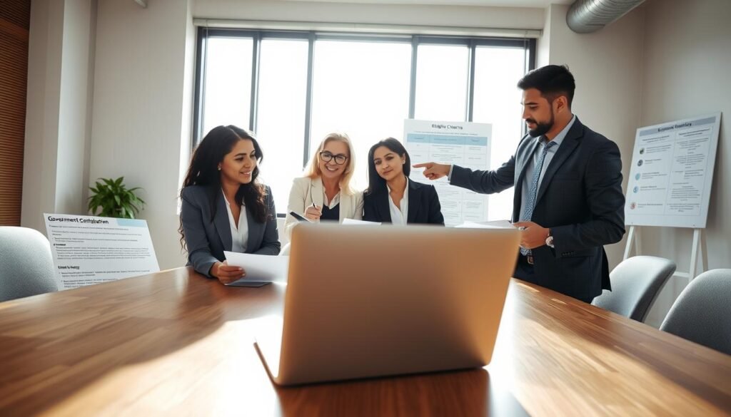 A modern office setting with a diverse group of professionals gathered around a large conference table. In the foreground, an open laptop displays a government contract application webpage. Two business professionals, a Hispanic woman and a Black man, are engaged in discussion, examining documents. In the middle ground, a white woman in formal attire is taking notes, while a South Asian man is pointing at a chart on the wall depicting eligibility criteria. The background features tall windows with bright natural light streaming in, creating an optimistic atmosphere. The scene conveys a sense of collaboration and determination as they explore the possibilities of government contracting. The composition is framed from a slightly elevated angle, capturing both the details on the table and the expressions of the participants. A modern office setting with a diverse group of professionals gathered around a large conference table. In the foreground, an open laptop displays a government contract application webpage. Two business professionals, a Hispanic woman and a Black man, are engaged in discussion, examining documents. In the middle ground, a white woman in formal attire is taking notes, while a South Asian man is pointing at a chart on the wall depicting eligibility criteria. The background features tall windows with bright natural light streaming in, creating an optimistic atmosphere. The scene conveys a sense of collaboration and determination as they explore the possibilities of government contracting. The composition is framed from a slightly elevated angle, capturing both the details on the table and the expressions of the participants.