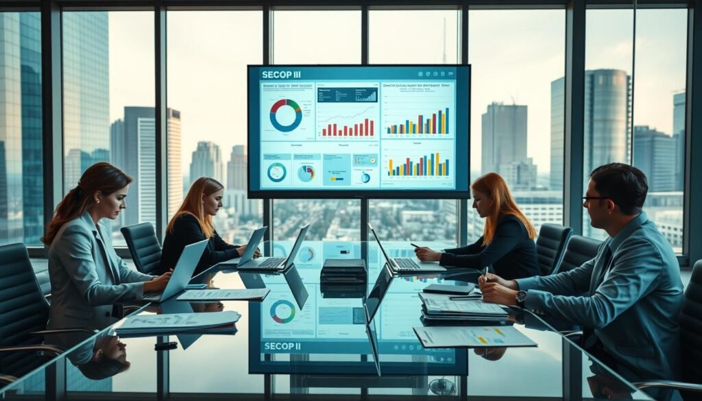 A modern office setting with a sleek glass conference table in the foreground, where business professionals in business attire are engaged in a collaborative analysis of documents and data on laptops. In the middle ground, a large digital screen displays colorful graphs, charts, and benchmarking data related to SECOP II, conveying a sense of strategic analysis. The background features a city skyline through large windows, indicating a bustling marketplace. The lighting is bright and professional, with warm tones casting soft shadows that enhance the atmosphere of focus and teamwork. The overall mood is one of innovation and efficiency, capturing the essence of transforming data into actionable insights.