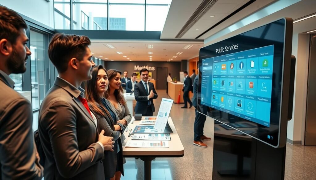 A modern office space showcasing a digital directory of public services prominently displayed on a sleek, futuristic touchscreen panel. In the foreground, a diverse group of professionals in business attire engages with the directory, reflecting collaboration and focus. The middle layer features an organized workspace with various informational materials, such as brochures and charts, illustrating public processes and available services. The background presents a spacious, well-lit area with large windows letting in natural light, highlighting a clean, minimalist aesthetic. The atmosphere is energetic yet professional, conveying a sense of transparency and accessibility. The scene is captured in a wide-angle view, emphasizing both the people and technology while maintaining a polished look.