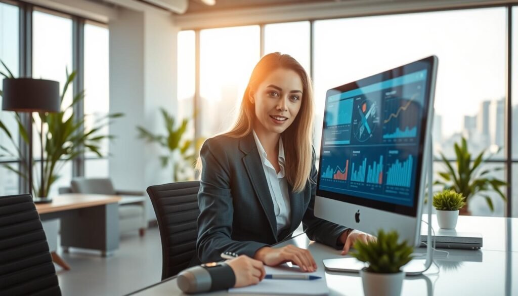 A modern office space showcasing a professional woman in business attire, deeply engaged in virtual collaboration with a computer interface displaying a sleek digital workspace. In the foreground, her focused expression highlights her use of EVA, emphasizing elements like interactive charts and graphs. The middle ground features a large window with natural light streaming in, creating a bright atmosphere, while plants and contemporary furniture add a touch of warmth. In the background, a city skyline can be seen, symbolizing connectivity and innovation. The lighting is soft yet effective, casting subtle shadows to enhance depth. Capture a sense of productivity, clarity, and positive change reflecting her daily work experience with digital assistance.