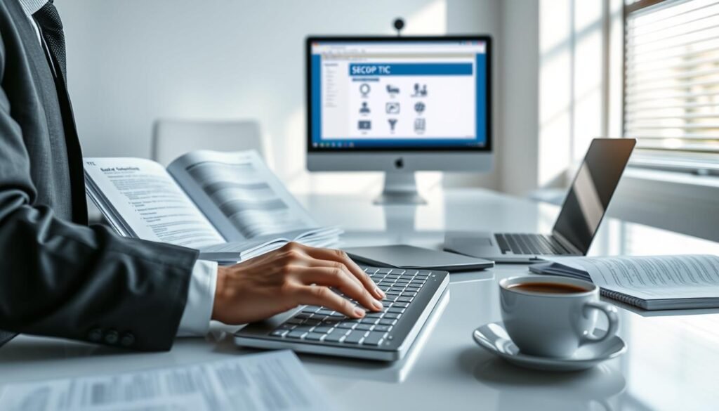 A modern office workspace depicting a computer screen displaying the SECOP TIC interface, surrounded by open manuals and instructional guides. In the foreground, a pair of hands typing on the keyboard, showcasing a professional individual dressed in business attire. In the middle ground, a sleek desk with a laptop, notebook, and a cup of coffee, emphasizing a productive atmosphere. The background features a window with soft natural light casting gentle shadows, creating a calm and focused environment. The overall mood is one of professionalism and efficiency, highlighting the importance of support and resources in public contracting. The image should maintain clarity and context without any text or logos. A modern office workspace depicting a computer screen displaying the SECOP TIC interface, surrounded by open manuals and instructional guides. In the foreground, a pair of hands typing on the keyboard, showcasing a professional individual dressed in business attire. In the middle ground, a sleek desk with a laptop, notebook, and a cup of coffee, emphasizing a productive atmosphere. The background features a window with soft natural light casting gentle shadows, creating a calm and focused environment. The overall mood is one of professionalism and efficiency, highlighting the importance of support and resources in public contracting. The image should maintain clarity and context without any text or logos.