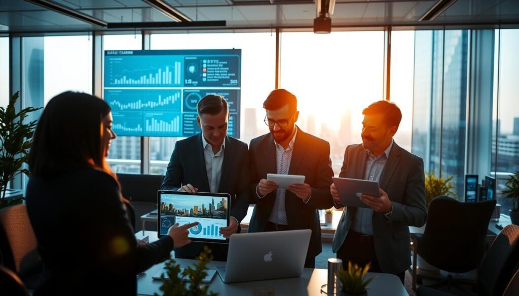 A modern office workspace filled with professionals engaged in a collaborative meeting, highlighting a culture of data-driven decision-making. In the foreground, a diverse group of four individuals in professional business attire is examining charts and graphs on a laptop, portraying an atmosphere of focus and innovation. The middle ground features a large screen displaying dynamic data visualizations and digital transformation graphics. In the background, large windows reveal a cityscape, allowing natural light to illuminate the space, creating a warm and inspiring environment. The scene captures a sense of energy and teamwork, emphasizing a commitment to digital transformation and data culture. Soft lighting enhances the mood, while an angle from slightly above conveys depth and involvement in a vibrant professional setting. A modern office workspace filled with professionals engaged in a collaborative meeting, highlighting a culture of data-driven decision-making. In the foreground, a diverse group of four individuals in professional business attire is examining charts and graphs on a laptop, portraying an atmosphere of focus and innovation. The middle ground features a large screen displaying dynamic data visualizations and digital transformation graphics. In the background, large windows reveal a cityscape, allowing natural light to illuminate the space, creating a warm and inspiring environment. The scene captures a sense of energy and teamwork, emphasizing a commitment to digital transformation and data culture. Soft lighting enhances the mood, while an angle from slightly above conveys depth and involvement in a vibrant professional setting.