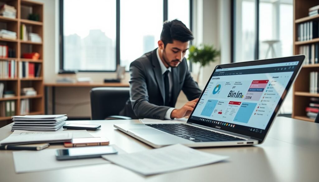 A modern office workspace focused on digital platforms for public tenders in Colombia. In the foreground, a sleek laptop displaying a vibrant dashboard of bidding opportunities, surrounded by organized documents and a smartphone with notifications. The middle of the scene features a person in professional business attire, intently analyzing information on the screen, highlighting the importance of efficiency in finding public tenders. The background shows a well-lit room with shelves filled with reference books and a window overlooking a cityscape, where the mood is dynamic and productive. Soft, natural lighting emphasizes a sense of clarity and focus, with a slight depth of field to draw attention to the laptop and the individual. A modern office workspace focused on digital platforms for public tenders in Colombia. In the foreground, a sleek laptop displaying a vibrant dashboard of bidding opportunities, surrounded by organized documents and a smartphone with notifications. The middle of the scene features a person in professional business attire, intently analyzing information on the screen, highlighting the importance of efficiency in finding public tenders. The background shows a well-lit room with shelves filled with reference books and a window overlooking a cityscape, where the mood is dynamic and productive. Soft, natural lighting emphasizes a sense of clarity and focus, with a slight depth of field to draw attention to the laptop and the individual.