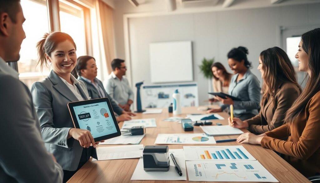 A modern, professional office environment showcasing a diverse group of professionals engaged in discussions about cleaning service contracts. In the foreground, a confident woman in business attire points to a digital tablet displaying service offerings, while a man beside her takes notes. In the middle ground, a large conference table is filled with documents, cleaning equipment samples, and charts illustrating competition strategies. The background features a large window with natural light pouring in, creating an inviting atmosphere. Soft, warm lighting highlights the faces of the individuals, conveying a collaborative and optimistic mood. The perspective is slightly elevated, offering a comprehensive view of the scene, emphasizing teamwork in the bidding process for public cleaning contracts.