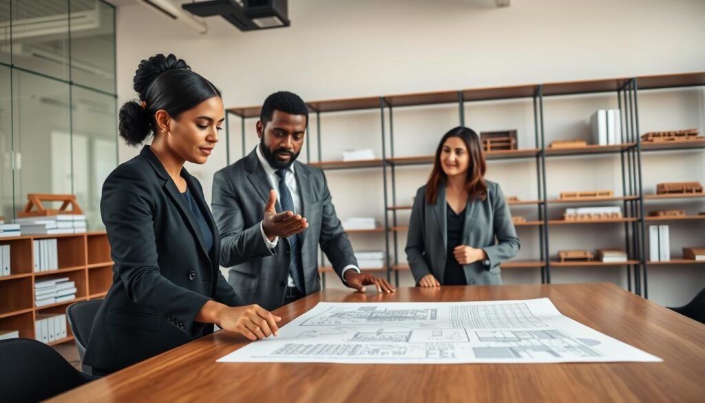 A modern, professional office setting focusing on a diverse group of three professionals engaging in a discussion. In the foreground, a Hispanic woman in smart business attire examines architectural plans laid out on a wooden conference table, her expression thoughtful. To her left, an African American man in a tailored suit gestures passionately, while a Caucasian woman in a blazer listens attentively. The middle ground features a large window letting in soft, natural light, illuminating the room. In the background, sleek shelving units line the walls, filled with construction books and models. The atmosphere is one of collaboration and inspiration, conveying a sense of opportunity and focus on engineering. The image is perfectly composed with a slight depth of field, highlighting the professionals while softly blurring the background.
