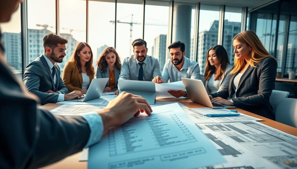 A modern, professional setting showcasing a diverse group of individuals in business attire, gathered around a large conference table filled with blueprints, documents, and laptops. The foreground features a close-up of hands reviewing a checklist of requirements, emphasizing important construction project documents. In the middle ground, team members actively discuss and point at the blueprints, with expressions of concentration and collaboration. The background displays a large window with a view of urban construction projects outside, bathed in soft, natural light flooding the room. The atmosphere is focused and productive, illustrating teamwork and the essential criteria for engaging in construction projects in Colombia. The lighting is bright yet warm, enhancing the professionalism and urgency of the task at hand, shot with a slight depth of field for emphasis. A modern, professional setting showcasing a diverse group of individuals in business attire, gathered around a large conference table filled with blueprints, documents, and laptops. The foreground features a close-up of hands reviewing a checklist of requirements, emphasizing important construction project documents. In the middle ground, team members actively discuss and point at the blueprints, with expressions of concentration and collaboration. The background displays a large window with a view of urban construction projects outside, bathed in soft, natural light flooding the room. The atmosphere is focused and productive, illustrating teamwork and the essential criteria for engaging in construction projects in Colombia. The lighting is bright yet warm, enhancing the professionalism and urgency of the task at hand, shot with a slight depth of field for emphasis.