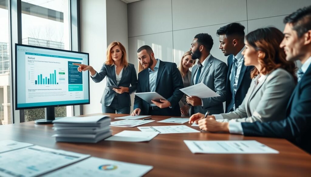 A modern public bidding scene, showcasing a diverse group of professional individuals in business attire gathered around a large conference table. In the foreground, a confident woman points to a digital presentation on a screen, while a man beside her takes notes on a tablet. In the middle ground, several documents, charts, and bidding proposals are spread out, illustrating the complexity of the bidding process. The background features a large window letting in natural light, casting soft shadows across the room. The overall atmosphere is focused and collaborative, with a sense of urgency and professionalism. The composition uses a wide-angle lens to capture the dynamics of the gathering, emphasizing the importance of transparency and fairness in public tenders.