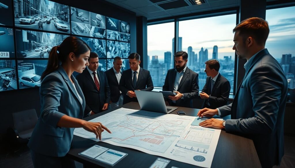 A modern security command center, featuring a diverse team of professionals in business attire, intently reviewing surveillance screens displaying various urban environments. In the foreground, a well-dressed woman points at a large map showcasing strategic surveillance locations, while a man types notes on a laptop. The middle ground features high-resolution monitors with real-time data feeds and analytics, creating a sense of urgency and focus. The background showcases a city skyline through large windows, with dusk lighting casting an ambient glow into the room. The atmosphere is collaborative and intense, emphasizing the importance of clarity and precision in security services bidding. The scene is captured at a slightly elevated angle for depth and dramatic effect.