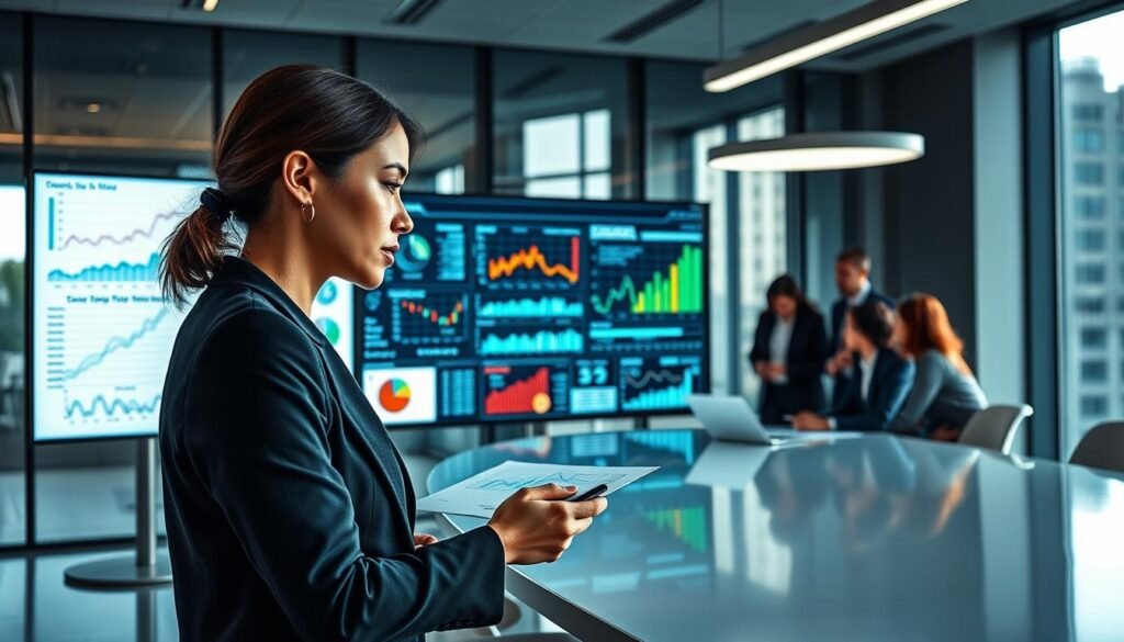 A modern, sleek office environment featuring a diverse group of professionals engaged in analyzing data on large digital screens. In the foreground, a focused woman in business attire examines complex graphs and official data, her expression one of determination. The middle section includes a large screen displaying detailed data visualizations relevant to public contracting processes. In the background, colleagues collaborate around a polished conference table, discussing strategies for transparent and effective use of SECOP II. Soft, natural lighting streams through large windows, creating an inspiring atmosphere of productivity and innovation. The image should convey a sense of professionalism, collaboration, and the positive impact of data-driven decision-making in public administration. A modern, sleek office environment featuring a diverse group of professionals engaged in analyzing data on large digital screens. In the foreground, a focused woman in business attire examines complex graphs and official data, her expression one of determination. The middle section includes a large screen displaying detailed data visualizations relevant to public contracting processes. In the background, colleagues collaborate around a polished conference table, discussing strategies for transparent and effective use of SECOP II. Soft, natural lighting streams through large windows, creating an inspiring atmosphere of productivity and innovation. The image should convey a sense of professionalism, collaboration, and the positive impact of data-driven decision-making in public administration.