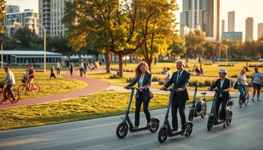 A modern urban setting featuring various forms of personal mobility solutions. In the foreground, a diverse group of individuals dressed in professional business attire is engaged with cutting-edge electric scooters and bicycles, showcasing a collaborative approach to efficient transportation. In the middle ground, well-planned bike lanes and scooter paths wind through a bustling city park where pedestrians and families enjoy the outdoors. The background reveals a skyline of contemporary buildings, hinting at smart city technology. The scene is illuminated by soft, natural sunlight during the golden hour, casting warm shadows that create an inviting atmosphere. Incorporate a slight depth of field effect to focus on the individuals while softly blurring the background, enhancing the sense of community and innovation in personal mobility. A modern urban setting featuring various forms of personal mobility solutions. In the foreground, a diverse group of individuals dressed in professional business attire is engaged with cutting-edge electric scooters and bicycles, showcasing a collaborative approach to efficient transportation. In the middle ground, well-planned bike lanes and scooter paths wind through a bustling city park where pedestrians and families enjoy the outdoors. The background reveals a skyline of contemporary buildings, hinting at smart city technology. The scene is illuminated by soft, natural sunlight during the golden hour, casting warm shadows that create an inviting atmosphere. Incorporate a slight depth of field effect to focus on the individuals while softly blurring the background, enhancing the sense of community and innovation in personal mobility.