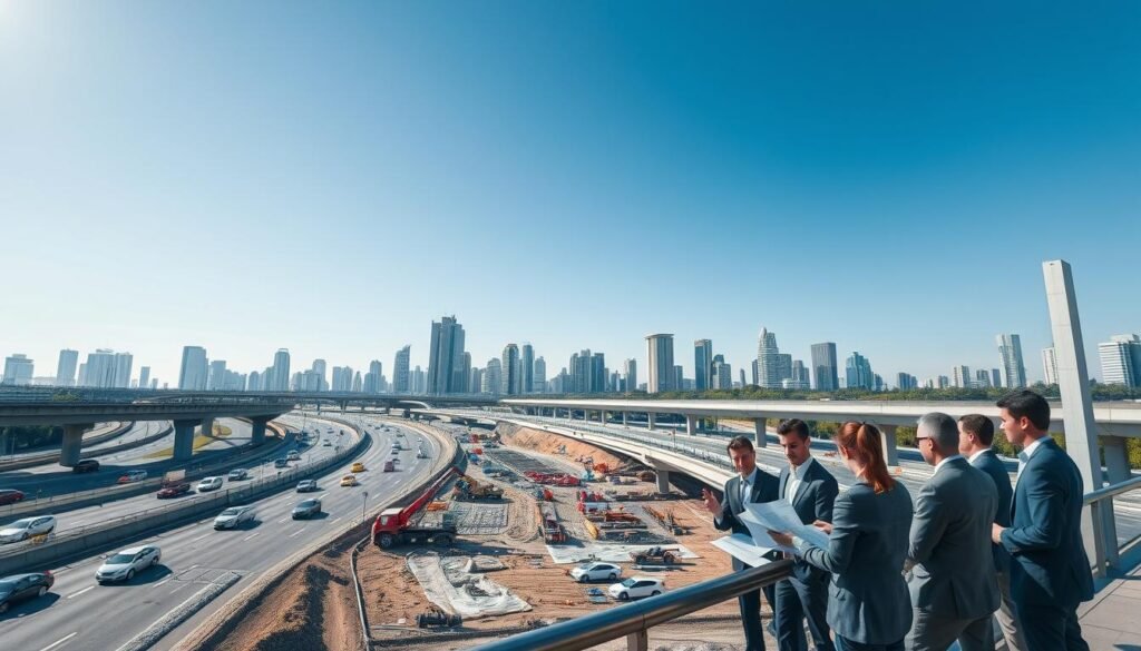A modern urban transportation infrastructure scene depicting a busy highway with multiple lanes and vehicles, bridges, and overpasses connecting various areas. In the foreground, a diverse group of professionals in business attire engaged in discussions near a construction site, reviewing blueprints and plans. The middle ground showcases a bustling worksite with construction machinery and ongoing roadwork. The background features a skyline of contemporary buildings under a clear blue sky, bathed in bright sunlight, creating a dynamic and optimistic atmosphere. Utilize a wide-angle lens to capture the expanse of the scene, emphasizing the interconnectedness of the infrastructure with an inviting and professional mood.