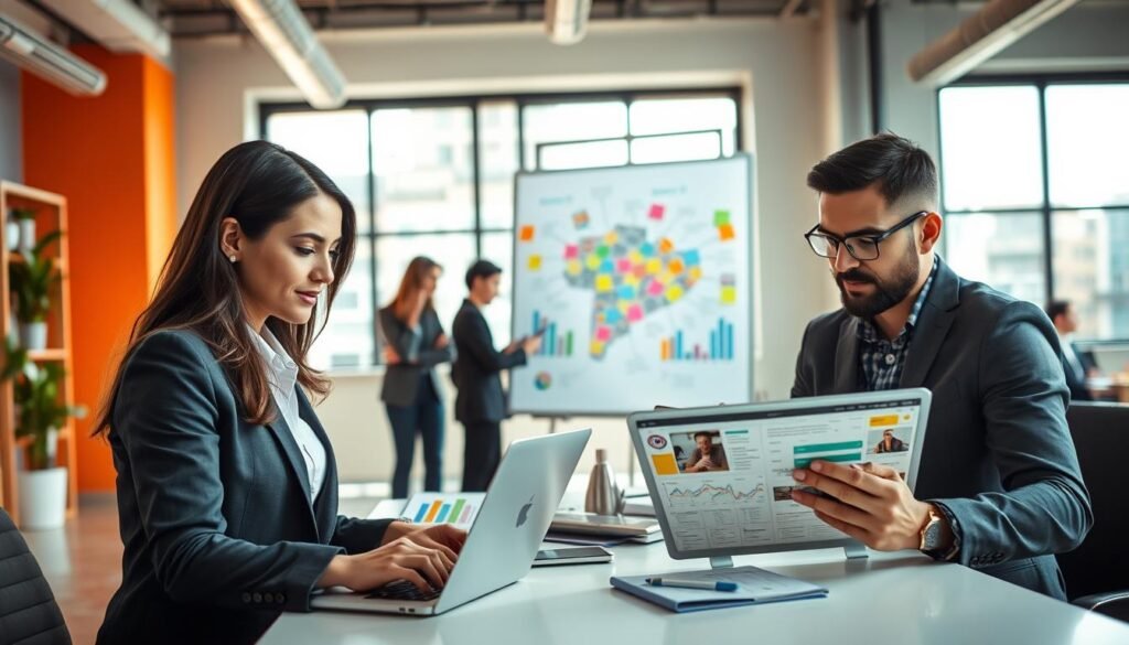 A modern, vibrant office environment serves as the backdrop, filled with diverse professionals engaged in digital marketing activities. In the foreground, a confident woman in smart business attire analyzes data on a laptop, showcasing colorful graphs and charts. To her right, a focused man discusses strategies with a colleague, both looking at a digital tablet covered in marketing graphics. The middle ground features a large whiteboard filled with brainstorming ideas and sticky notes. Bright, natural light streams in from large windows, creating an energetic yet professional atmosphere. The overall mood reflects determination and innovation, capturing the essence of optimizing digital marketing to attract ready-to-buy clients. A modern, vibrant office environment serves as the backdrop, filled with diverse professionals engaged in digital marketing activities. In the foreground, a confident woman in smart business attire analyzes data on a laptop, showcasing colorful graphs and charts. To her right, a focused man discusses strategies with a colleague, both looking at a digital tablet covered in marketing graphics. The middle ground features a large whiteboard filled with brainstorming ideas and sticky notes. Bright, natural light streams in from large windows, creating an energetic yet professional atmosphere. The overall mood reflects determination and innovation, capturing the essence of optimizing digital marketing to attract ready-to-buy clients.