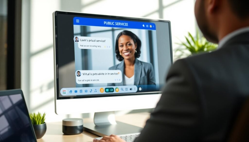A modern virtual chat interface displayed on a sleek desktop computer, showcasing a professional virtual assistant in a sharp suit, engaged in a conversation. The foreground features a close-up of the computer screen with vibrant graphics and icons related to public service. In the middle layer, the assistant is a diverse professional, smiling warmly, with a background of a modern office setting. Soft natural lighting enhances the positive atmosphere, casting gentle shadows. The scene conveys a sense of efficiency and accessibility, promoting the ease of virtual assistance for legal matters. The image employs a shallow depth of field, focusing on the screen while softly blurring the office background, instilling a reassuring and professional mood.