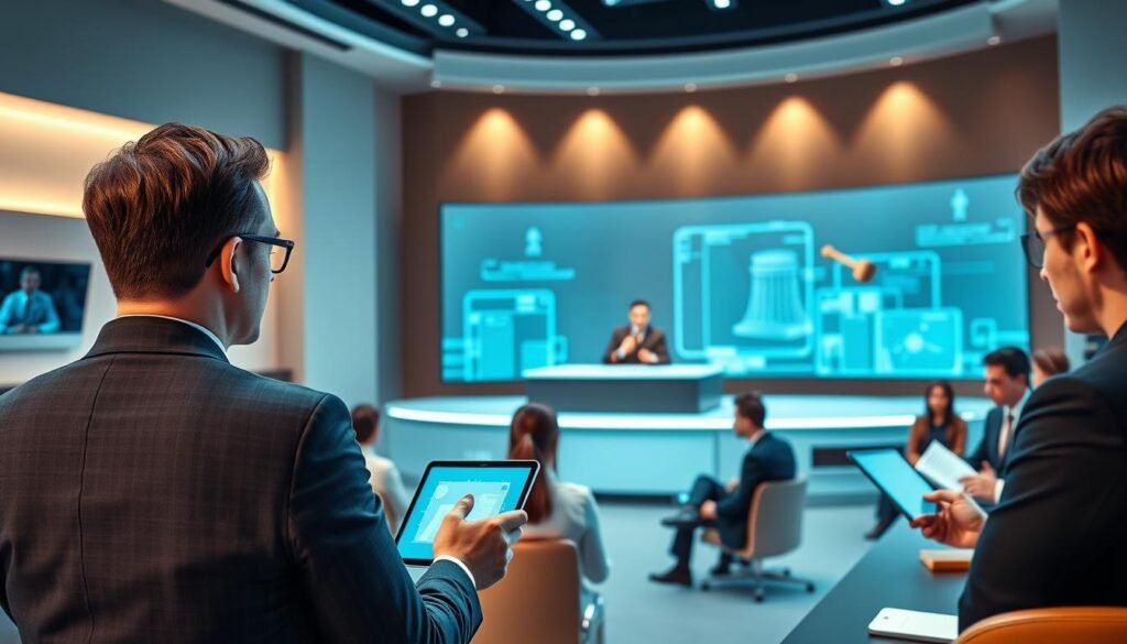A modern virtual courtroom scene, featuring a diverse group of legal professionals engaged in a video conference trial. In the foreground, a confident attorney in business attire presents evidence on a digital screen, while a judge, depicted with a gavel, observes attentively from a virtual platform. The middle ground highlights participants on tablets and laptops, all wearing professional attire, some taking notes. The background features a futuristic court setup with high-tech elements like holographic displays and a sleek design embodying the essence of virtuality in legal proceedings. Soft, ambient lighting creates a professional atmosphere, while a wide-angle perspective captures the dynamic interplay of technology and law. The mood is focused and serious, reflecting the progression towards digitized judicial practices.