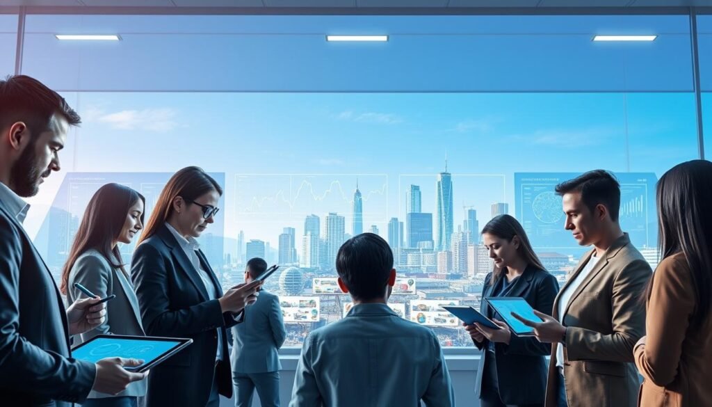 A modern virtual marketplace scene depicting efficient purchasing processes. In the foreground, a diverse group of professional individuals in business attire are engaging with digital interfaces on tablets and laptops, showing collaboration and analysis of procurement data. The middle ground features sleek, futuristic screens displaying graphs and charts representing demand aggregation and supply options. The background reveals an abstract cityscape representing technology and innovation, with a clear blue sky. Soft, natural lighting enhances a productive atmosphere while conveying a sense of urgency and efficiency. The image encapsulates a vision of modern procurement strategies, blending technology with teamwork.
