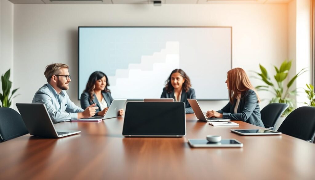 A modern virtual mediation setting illustrating "conciliación." In the foreground, a large, sleek conference table featuring laptops and digital devices symbolizing technology integration in conflict resolution. Middle ground shows a diverse group of individuals in professional business attire, engaged in a mediation session, displaying expressions of focus and collaboration. One participant is gesturing, while another is taking notes on a tablet. The background features a large screen displaying graphs and data points, emphasizing the importance of data in modern mediation practices. Soft, natural lighting enhances a productive atmosphere, with plants adding a touch of warmth. A slight depth-of-field effect makes the foreground pop while keeping the backgrounds subtly blurred, capturing a sense of professionalism and innovation in conciliación. A modern virtual mediation setting illustrating "conciliación." In the foreground, a large, sleek conference table featuring laptops and digital devices symbolizing technology integration in conflict resolution. Middle ground shows a diverse group of individuals in professional business attire, engaged in a mediation session, displaying expressions of focus and collaboration. One participant is gesturing, while another is taking notes on a tablet. The background features a large screen displaying graphs and data points, emphasizing the importance of data in modern mediation practices. Soft, natural lighting enhances a productive atmosphere, with plants adding a touch of warmth. A slight depth-of-field effect makes the foreground pop while keeping the backgrounds subtly blurred, capturing a sense of professionalism and innovation in conciliación.
