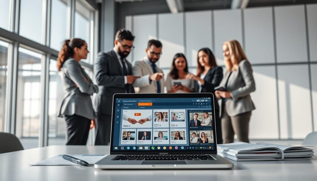 A modern virtual workspace showcasing the SECOP II platform for suppliers. In the foreground, a laptop displays the SECOP II interface, featuring clear, organized sections with interactive elements and colorful graphics. Surrounding the laptop, professional business documents and a tablet featuring tutorial videos are neatly arranged. The middle ground includes a diverse group of individuals in smart business attire, collaborating together, pointing at the screen, and discussing in an engaging manner. The background is a bright, contemporary office space with large windows allowing natural light to flood in, creating a productive atmosphere. Soft shadows add depth while maintaining a clean and detailed look, emphasizing innovation and teamwork in learning and navigating the platform effectively.