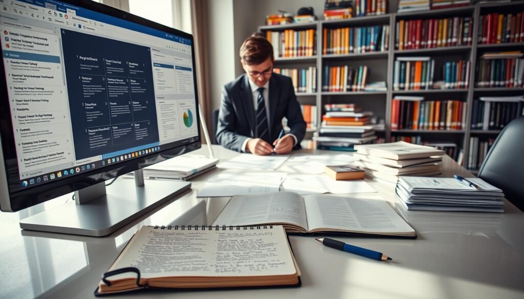 A modern, well-organized workspace filled with sources of information related to SECOP I and SECOP II in Colombia. In the foreground, a sleek computer screen displays a detailed SECOP interface, with tabs open to various processes, while an open notebook lies beside it filled with handwritten notes. In the middle ground, a professional in business attire carefully examines documents and charts spread across a polished table. Books and reports on public procurement are stacked neatly in the background, alongside a bookshelf filled with colorful reference materials. Soft, natural light streams in from a window, illuminating the scene and creating a productive, focused atmosphere. The lens captures a slight angle, emphasizing the organized chaos of research and diligence.