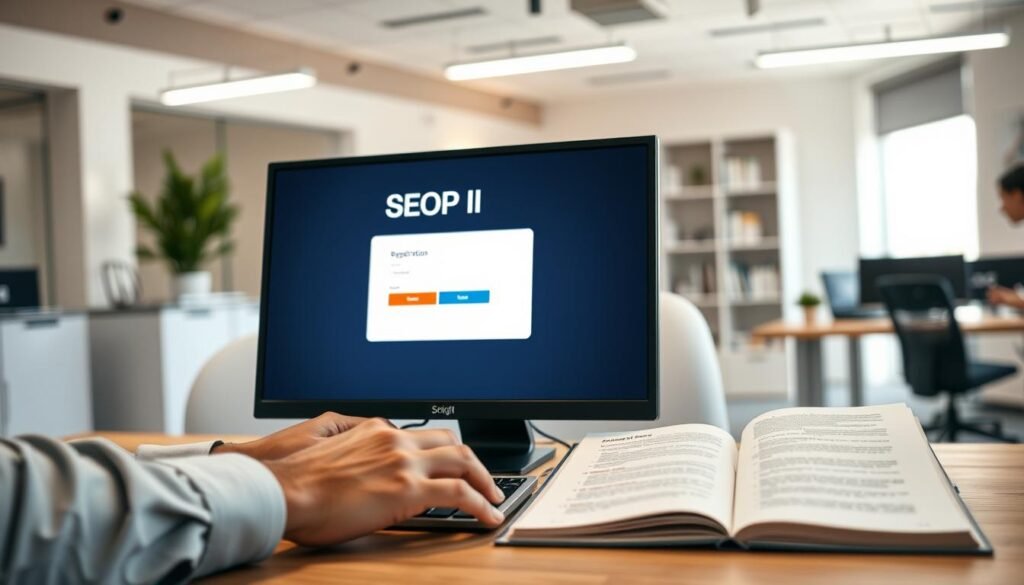A modern workspace featuring a computer screen displaying the SECOP II login page, emphasizing the registration process. In the foreground, a person's hands are typing on the keyboard, dressed in smart casual attire, illustrating professionalism. The middle ground shows an open document with notes about the registration steps beside the computer, providing context. In the background, a well-organized office space with soft lighting creates a warm and inviting atmosphere. The scene should be captured with a slight depth of field, focusing on the computer screen while subtly blurring the background. The overall mood is industrious and encouraging, suggesting ease of access and support for first-time users. A modern workspace featuring a computer screen displaying the SECOP II login page, emphasizing the registration process. In the foreground, a person's hands are typing on the keyboard, dressed in smart casual attire, illustrating professionalism. The middle ground shows an open document with notes about the registration steps beside the computer, providing context. In the background, a well-organized office space with soft lighting creates a warm and inviting atmosphere. The scene should be captured with a slight depth of field, focusing on the computer screen while subtly blurring the background. The overall mood is industrious and encouraging, suggesting ease of access and support for first-time users.