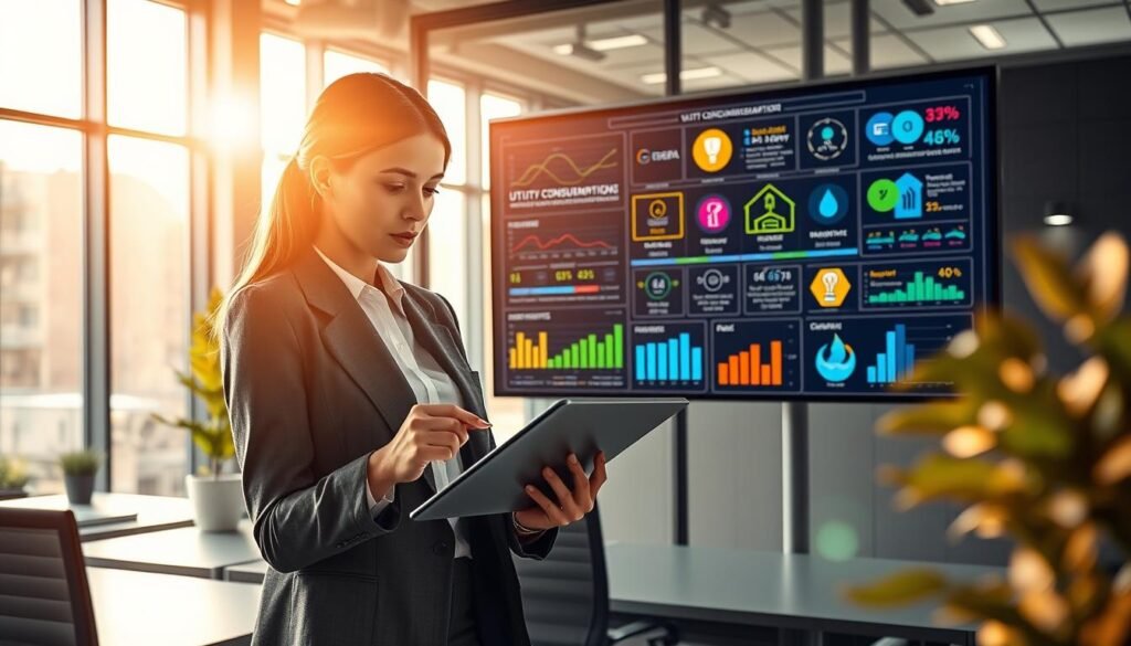 A modern workspace scene illustrating the concept of consumption measurement in public services. In the foreground, a professional woman in business attire is analyzing digital consumption data on a tablet, surrounded by charts and graphs. In the middle ground, a large screen displays colorful infographics related to utility consumption and billing, with icons for electricity, water, and gas. The background features a sleek office environment, with sunlight streaming through large windows, creating a bright and focused atmosphere. The lighting is warm and inviting, emphasizing a productive mood. The composition is framed from a slightly elevated angle, highlighting the interaction between the woman and the data on the screen. The overall vibe is analytical and informative, perfect for illustrating the section on consumption measurement. A modern workspace scene illustrating the concept of consumption measurement in public services. In the foreground, a professional woman in business attire is analyzing digital consumption data on a tablet, surrounded by charts and graphs. In the middle ground, a large screen displays colorful infographics related to utility consumption and billing, with icons for electricity, water, and gas. The background features a sleek office environment, with sunlight streaming through large windows, creating a bright and focused atmosphere. The lighting is warm and inviting, emphasizing a productive mood. The composition is framed from a slightly elevated angle, highlighting the interaction between the woman and the data on the screen. The overall vibe is analytical and informative, perfect for illustrating the section on consumption measurement.