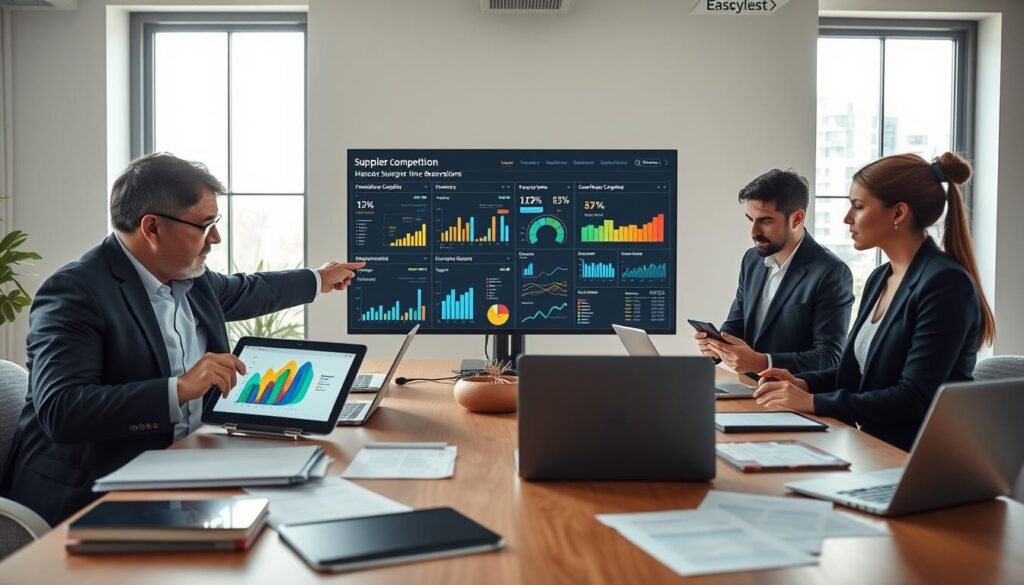 A modern workspace setting featuring diverse professionals engaged in discussion around a large table, with laptops, tablets, and documents scattered across it. In the foreground, a middle-aged man in a smart business suit points at a colorful graph displayed on a tablet, while a young woman in business casual attire takes notes. In the middle, a large screen shows a digital dashboard illustrating online interactions and observations, showcasing various charts and analytics related to supplier competition. In the background, bright, natural light pours in through floor-to-ceiling windows, creating a warm and collaborative atmosphere. The mood is focused yet dynamic, emphasizing teamwork and strategic analysis. The image captures the essence of harnessing online observations for competitive advantage. A modern workspace setting featuring diverse professionals engaged in discussion around a large table, with laptops, tablets, and documents scattered across it. In the foreground, a middle-aged man in a smart business suit points at a colorful graph displayed on a tablet, while a young woman in business casual attire takes notes. In the middle, a large screen shows a digital dashboard illustrating online interactions and observations, showcasing various charts and analytics related to supplier competition. In the background, bright, natural light pours in through floor-to-ceiling windows, creating a warm and collaborative atmosphere. The mood is focused yet dynamic, emphasizing teamwork and strategic analysis. The image captures the essence of harnessing online observations for competitive advantage.
