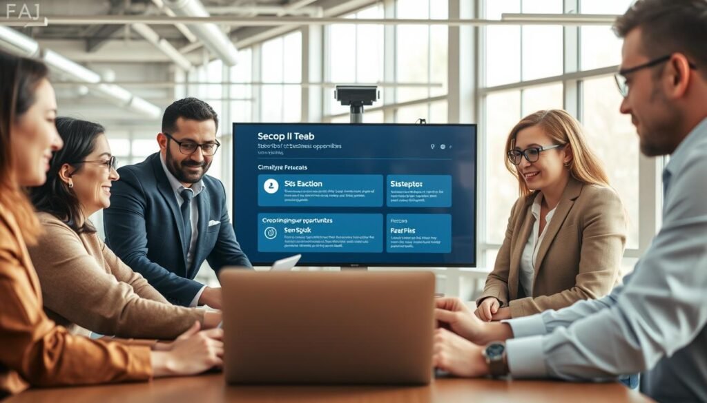 A modern workspace setting showcasing a diverse group of professionals engaged in a digital meeting. In the foreground, a male and female business professional, dressed in smart casual attire, are focused on a laptop displaying an online platform for subscribing to business processes. In the middle, a large digital screen displays the Secop II interface and notifications for upcoming opportunities, with visual elements illustrating simplicity and efficiency. The background features an open office with natural light streaming in from large windows, creating a bright and inviting atmosphere. The overall mood is collaborative and proactive, emphasizing the importance of staying informed about business opportunities. A modern workspace setting showcasing a diverse group of professionals engaged in a digital meeting. In the foreground, a male and female business professional, dressed in smart casual attire, are focused on a laptop displaying an online platform for subscribing to business processes. In the middle, a large digital screen displays the Secop II interface and notifications for upcoming opportunities, with visual elements illustrating simplicity and efficiency. The background features an open office with natural light streaming in from large windows, creating a bright and inviting atmosphere. The overall mood is collaborative and proactive, emphasizing the importance of staying informed about business opportunities.