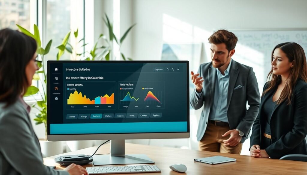 A modern workspace showcasing a computer screen displaying intuitive filtering options for job tenders in Colombia. In the foreground, a diverse group of three professionals—one Hispanic woman, one Black man, and one Caucasian woman—are engaged in discussion, dressed in smart casual attire. The middle of the image features the computer interface with vibrant graphs and interactive filter buttons in a sleek, user-friendly design. The background includes a bright office space with plants, natural light streaming through large windows, and a whiteboard filled with brainstorming notes. The atmosphere is focused and collaborative, conveying a sense of productivity and innovation. Soft, diffused lighting enhances the clarity and warmth of the scene, shot from a slightly elevated angle to capture the interaction and the screen simultaneously. A modern workspace showcasing a computer screen displaying intuitive filtering options for job tenders in Colombia. In the foreground, a diverse group of three professionals—one Hispanic woman, one Black man, and one Caucasian woman—are engaged in discussion, dressed in smart casual attire. The middle of the image features the computer interface with vibrant graphs and interactive filter buttons in a sleek, user-friendly design. The background includes a bright office space with plants, natural light streaming through large windows, and a whiteboard filled with brainstorming notes. The atmosphere is focused and collaborative, conveying a sense of productivity and innovation. Soft, diffused lighting enhances the clarity and warmth of the scene, shot from a slightly elevated angle to capture the interaction and the screen simultaneously.