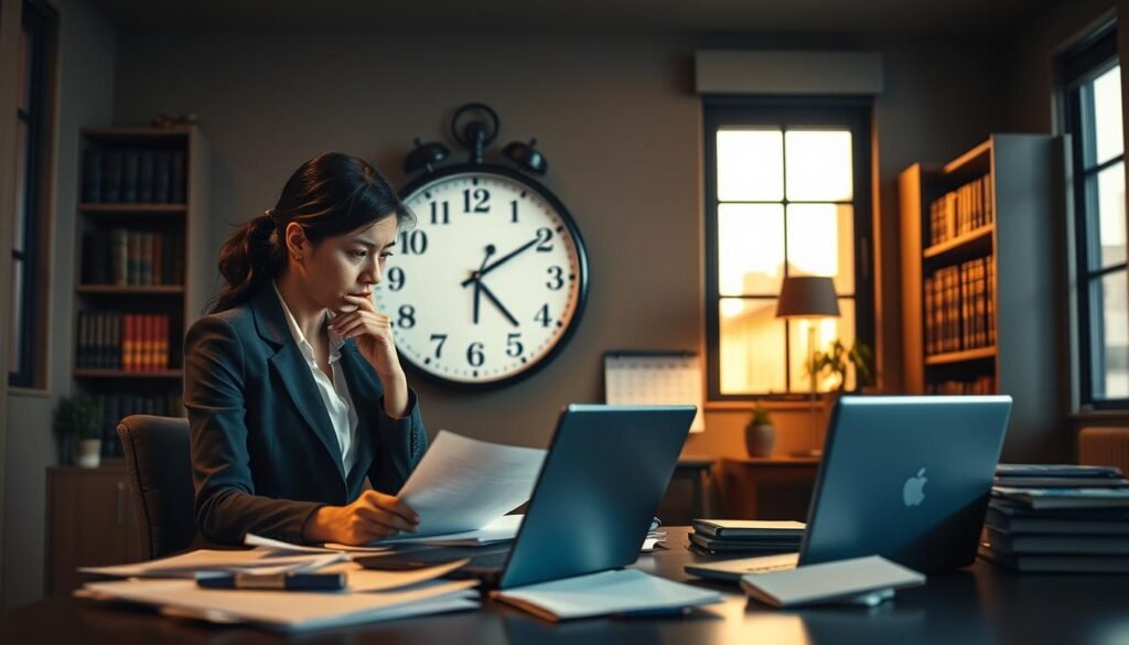 A mysterious office environment illustrating the theme of response deadlines after receiving correspondence. In the foreground, a professional-looking woman in business attire is thoughtfully reviewing documents on a desk cluttered with papers and a laptop. In the middle, a large wall clock shows the passage of time, hinting at urgency, while a calendar is visible indicating the days following a deadline. In the background, soft-focus shelves lined with legal books and a dimly lit window, casting gentle shadows, enhance the mood of contemplation and seriousness. The lighting is warm and inviting, creating a sense of focus and professionalism. The composition is balanced, with a depth that invites the viewer to reflect on the importance of timely responses within legal contexts. A mysterious office environment illustrating the theme of response deadlines after receiving correspondence. In the foreground, a professional-looking woman in business attire is thoughtfully reviewing documents on a desk cluttered with papers and a laptop. In the middle, a large wall clock shows the passage of time, hinting at urgency, while a calendar is visible indicating the days following a deadline. In the background, soft-focus shelves lined with legal books and a dimly lit window, casting gentle shadows, enhance the mood of contemplation and seriousness. The lighting is warm and inviting, creating a sense of focus and professionalism. The composition is balanced, with a depth that invites the viewer to reflect on the importance of timely responses within legal contexts.