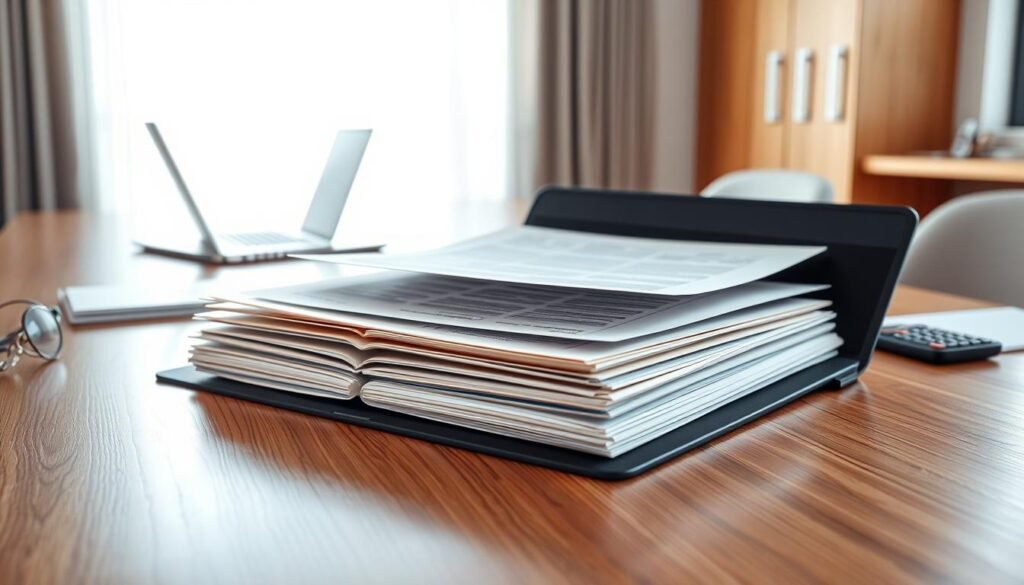 A neatly organized document folder prominently displayed in a modern office environment, showcasing a variety of official papers and attachments. The foreground features a wooden desk with a polished finish, upon which lies an open "carpeta de anexos" filled with colorful documents, proposals, and evidence files, all arranged meticulously. In the middle ground, a laptop is visible, suggesting a professional atmosphere, along with a pen and a calculator. The background includes a bright window with natural light filtering through, casting soft shadows that enhance the sense of productivity. The mood is focused and professional, invoking a sense of preparation and diligence, ideal for showcasing document organization.