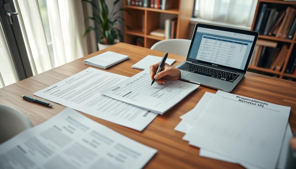 A neatly organized workspace featuring a collection of essential documents for project bidding in Colombia. In the foreground, a wooden desk holds well-arranged papers, including contracts, proposal outlines, and service descriptions, all beside a laptop displaying a spreadsheet. In the middle, a pair of hands are reviewing a document with a pen, showcasing a focus on detail and professionalism. The background features soft natural lighting filtering through a window, highlighting a potted plant and a bookshelf filled with industry-related books. The mood is serious yet optimistic, emphasizing preparation and success in business. Capture this scene from a slight overhead angle to convey a sense of overview and completeness.