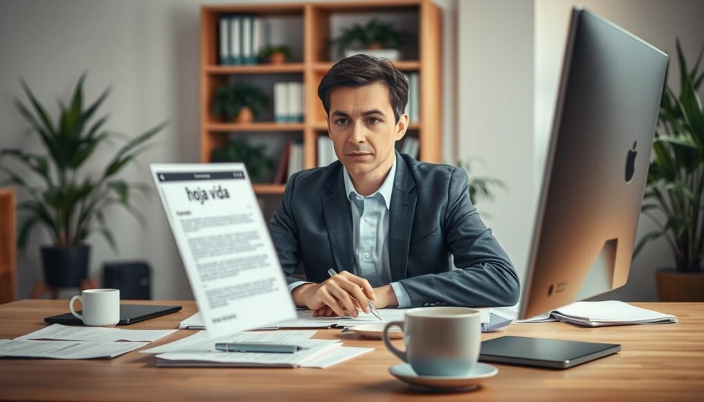 A person sitting at a desk, intently focusing on a computer screen, surrounded by papers and a coffee cup, carefully navigating an online portal to download a job certification. In the foreground, a close-up of the computer screen displays a slightly blurred image of a “hoja vida” document, providing a hint of the certification to be downloaded. The middle ground includes the individual, dressed in professional business attire, with a look of concentration and determination. The background showcases a well-lit, modern office environment with bookshelves and plants, creating a professional atmosphere. Soft, warm lighting adds a sense of tranquility and focus to the scene, highlighting the importance of the task at hand. A person sitting at a desk, intently focusing on a computer screen, surrounded by papers and a coffee cup, carefully navigating an online portal to download a job certification. In the foreground, a close-up of the computer screen displays a slightly blurred image of a “hoja vida” document, providing a hint of the certification to be downloaded. The middle ground includes the individual, dressed in professional business attire, with a look of concentration and determination. The background showcases a well-lit, modern office environment with bookshelves and plants, creating a professional atmosphere. Soft, warm lighting adds a sense of tranquility and focus to the scene, highlighting the importance of the task at hand.